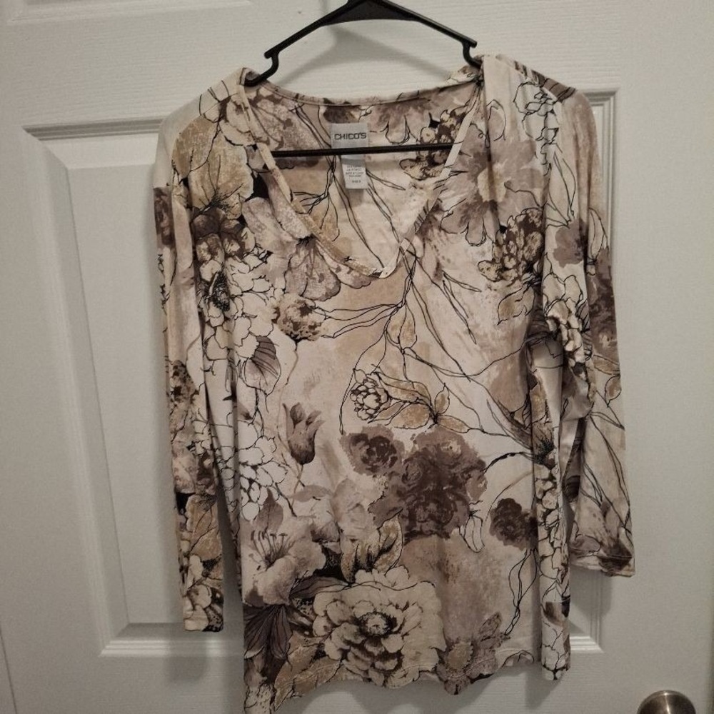 Chico's Large Beige Brown Cream Floral Pattern 3/4‎ Sleeve Versatile Casual Top